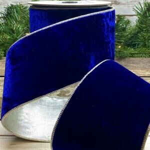 Blue Velvet Silver Metallic Back 2 1/2" x 10 yds Wire Edge Ribbon d.stevens